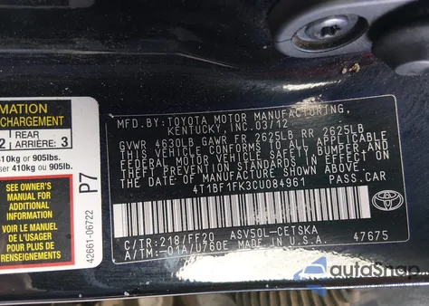 2012 Toyota Camry Se из США, поврежденный, VIN 4T1BF1FK3CU084961